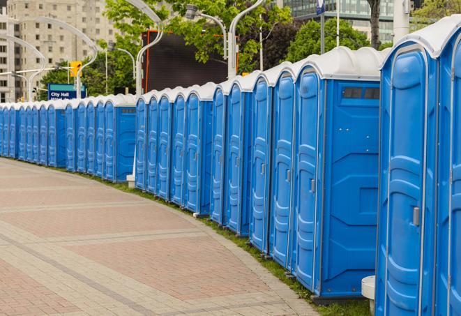 colorful portable restrooms available for rent at a local fair or carnival in Argyle